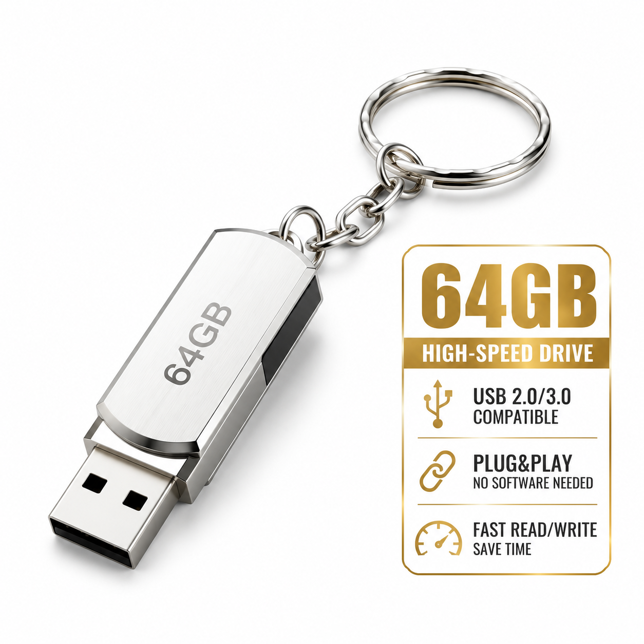 64GB Portable USB Flash Drive with Swivel Metal Clip