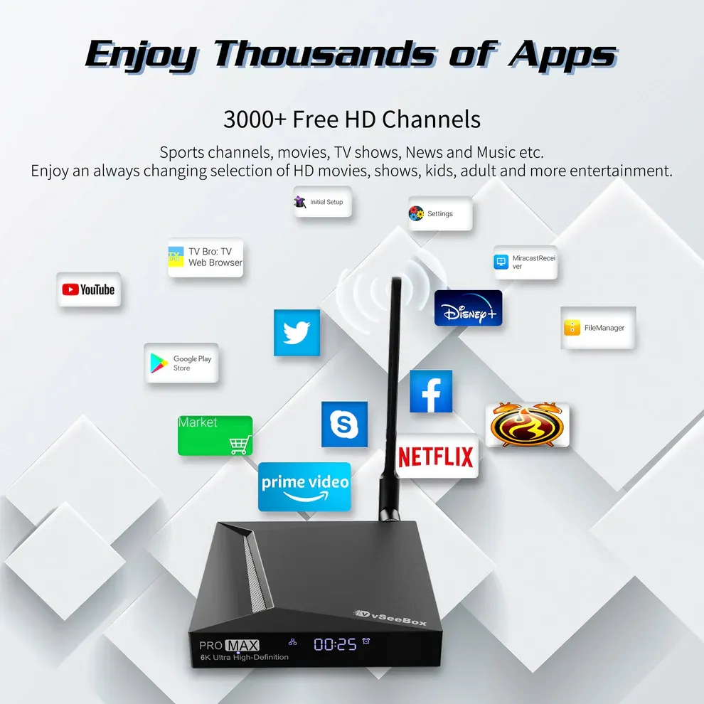 vSeeBox Pro Max Android TV Box with No Subscription Fees | 8K Streaming & Voice Remote – Vseebox