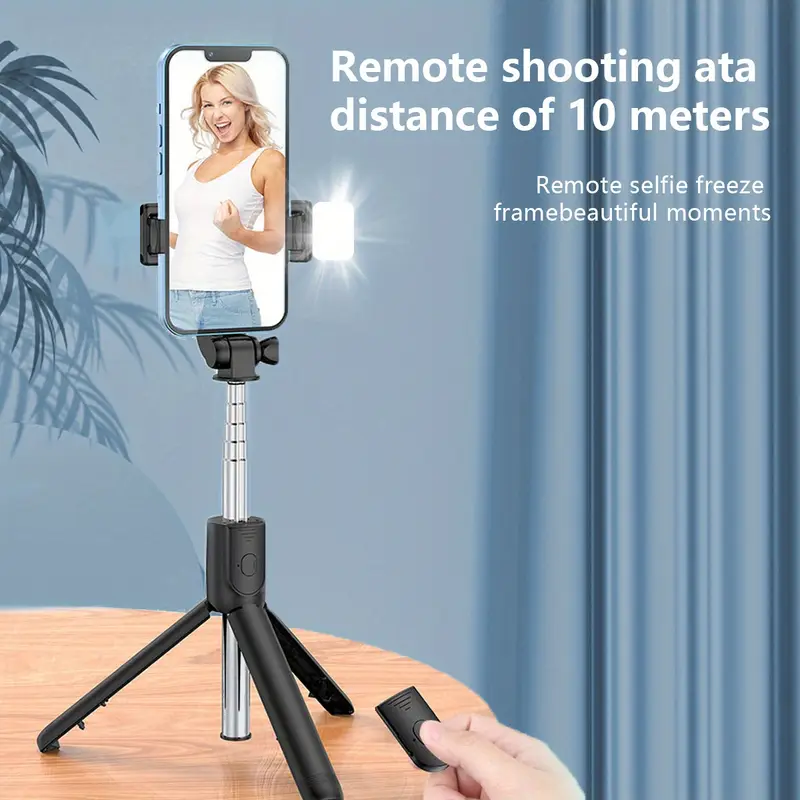 1pc universal 360 rotating selfie stick with tripod wireless remote control and built in ring light portable smartphone stabilizer with non rechargeable button battery for live streaming and video recording details 0