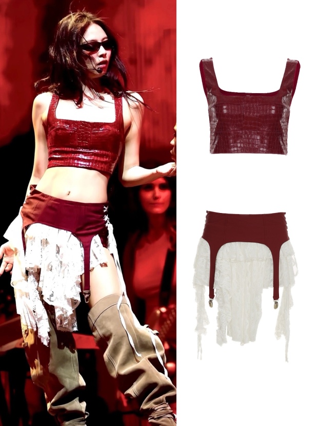 Jennie Coachella Inspired Red Croc-Embossed Top & Lace Skirt Set