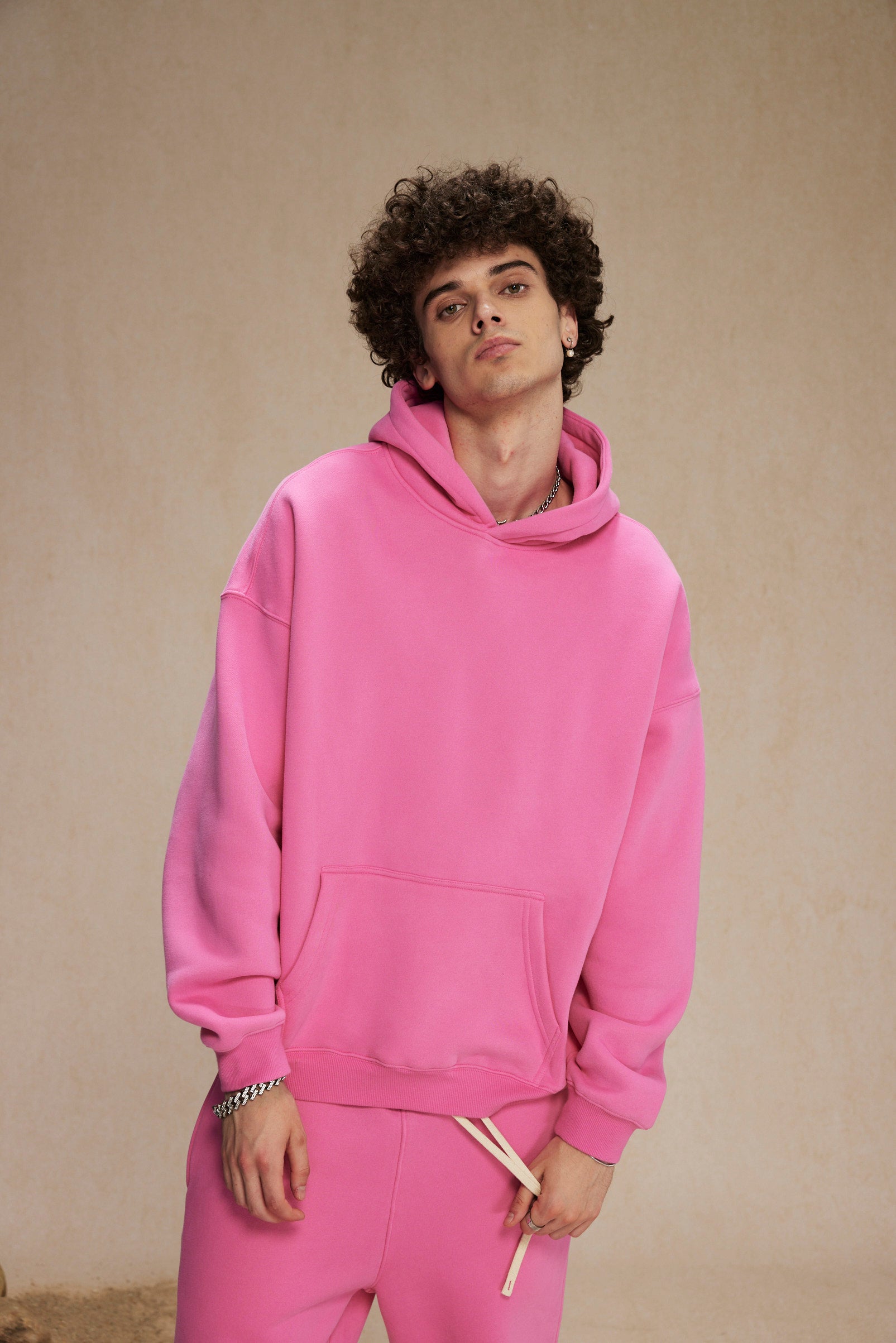Cream&Pink-Oversized hoodie sets