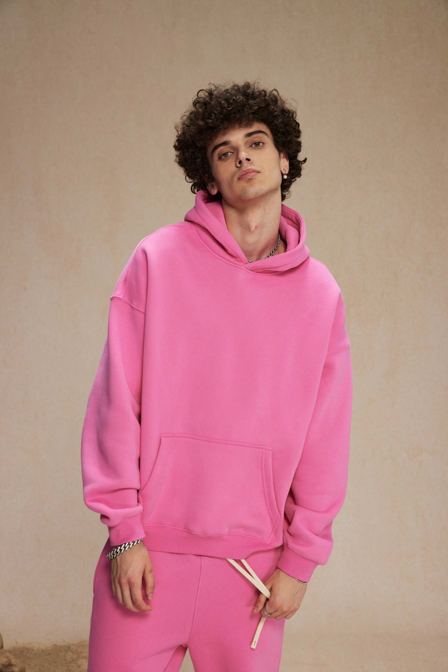 Cream&Pink-Oversized hoodie sets
