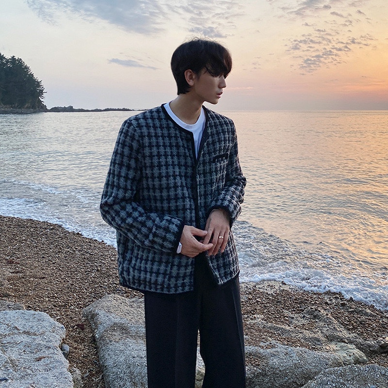 ATEEZ Seonghwa Inspired Grey Tweed Plaid Loose Jacket