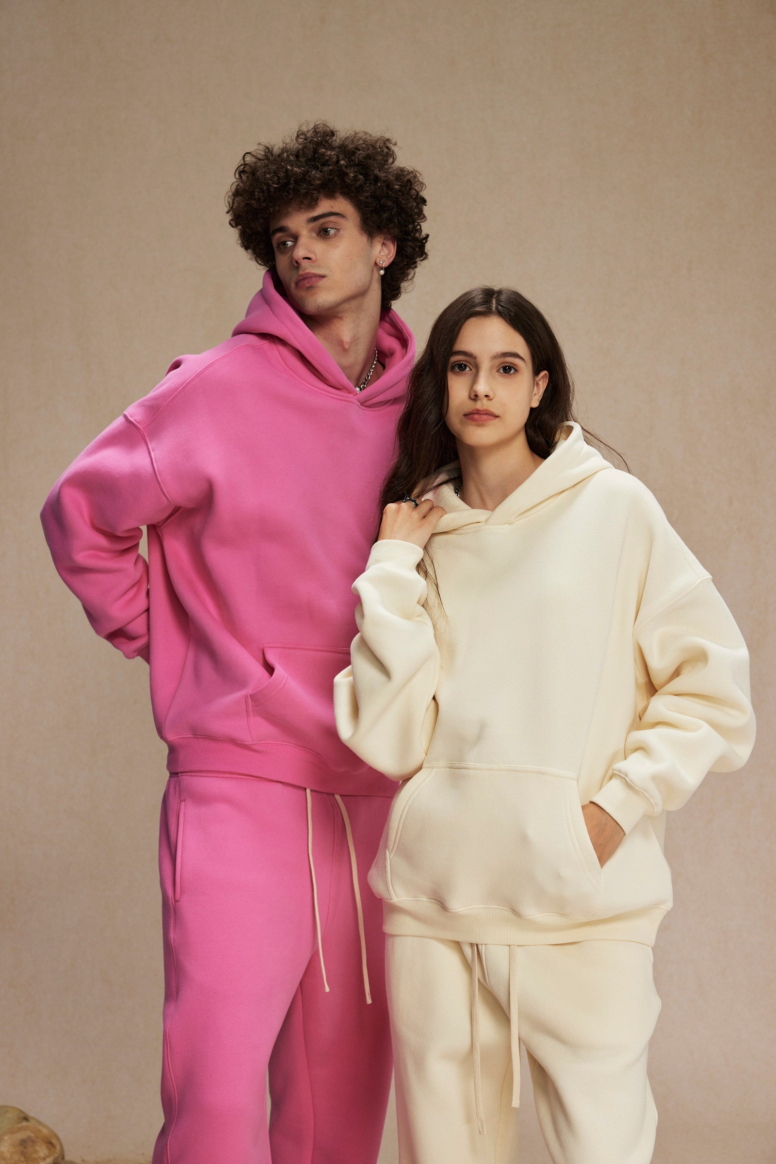 Cream&Pink-Oversized hoodie sets