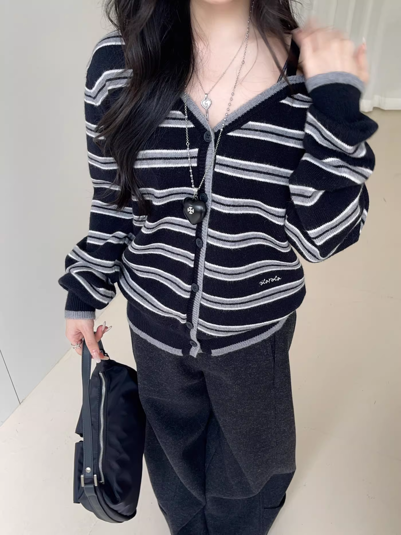 IVE Wonyoung Inspired One Off Shoulder Srtipe Cardigan