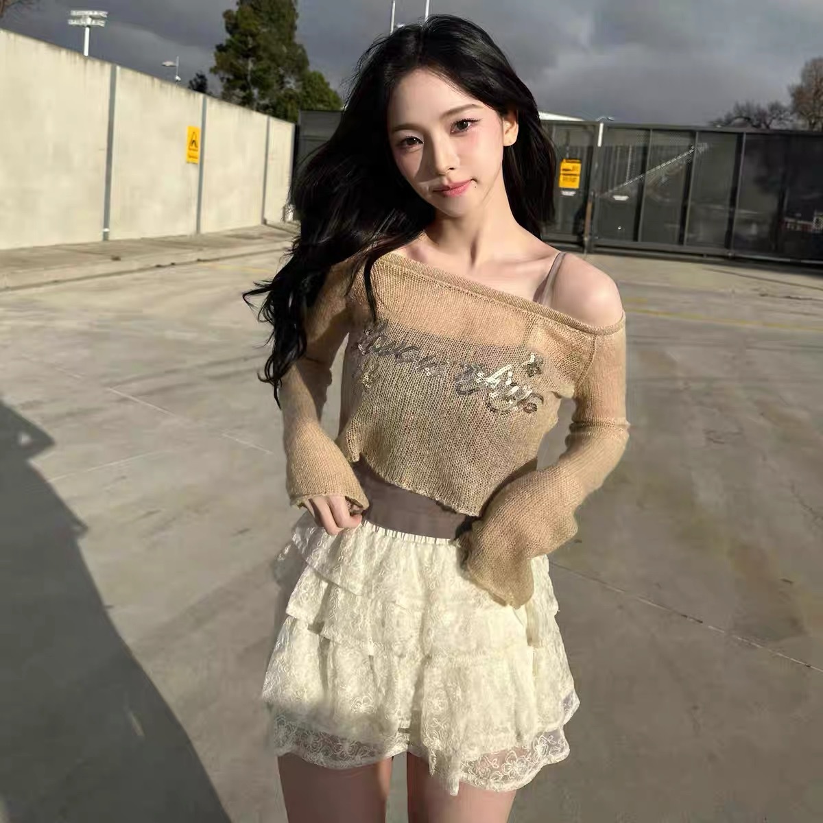 Aespa Karina Inspired One Shoulder Knit Sequins Short Blouse