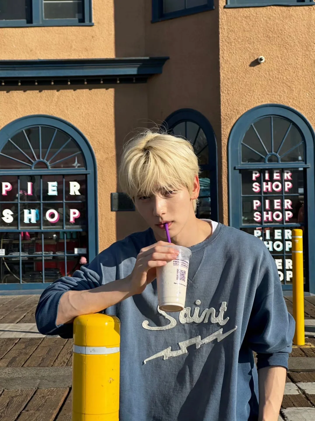 TXT Soobin Inspired Washed Blue Lightning Embroidered Sweatshirt