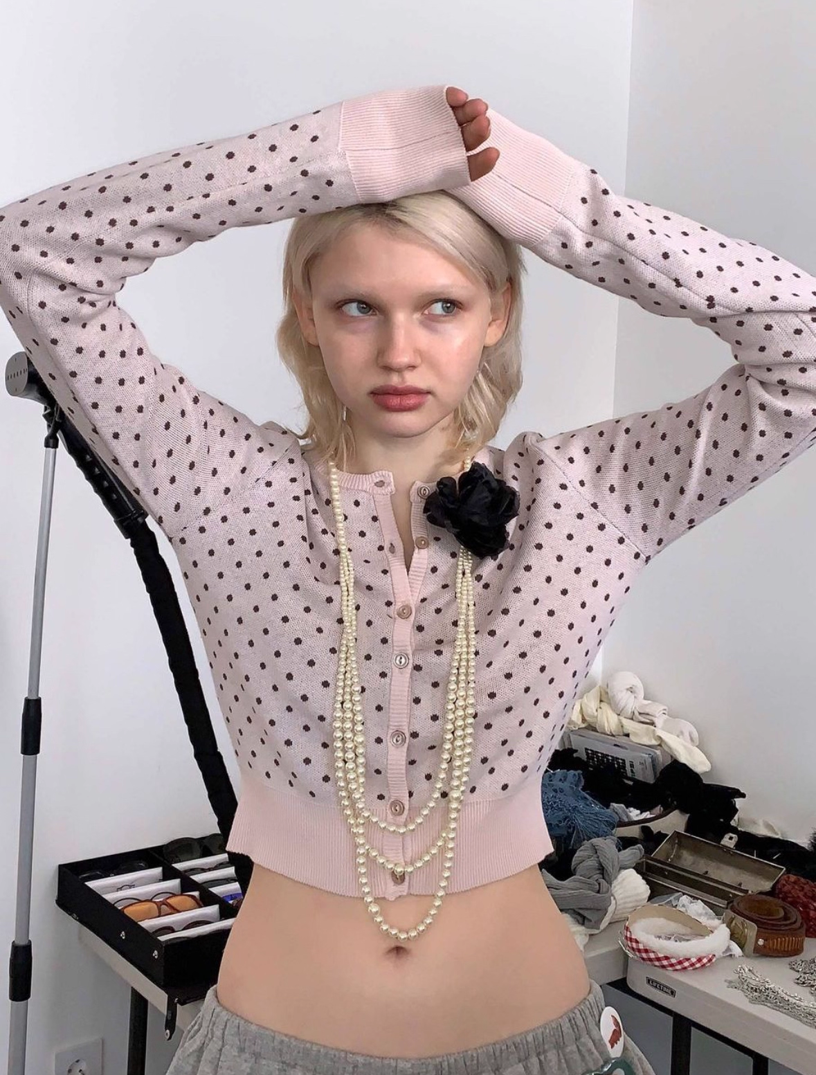 IVE Rei&LE SSERAFIM Eunchae Inspired Polka Dot Cropped Knit Cardigan