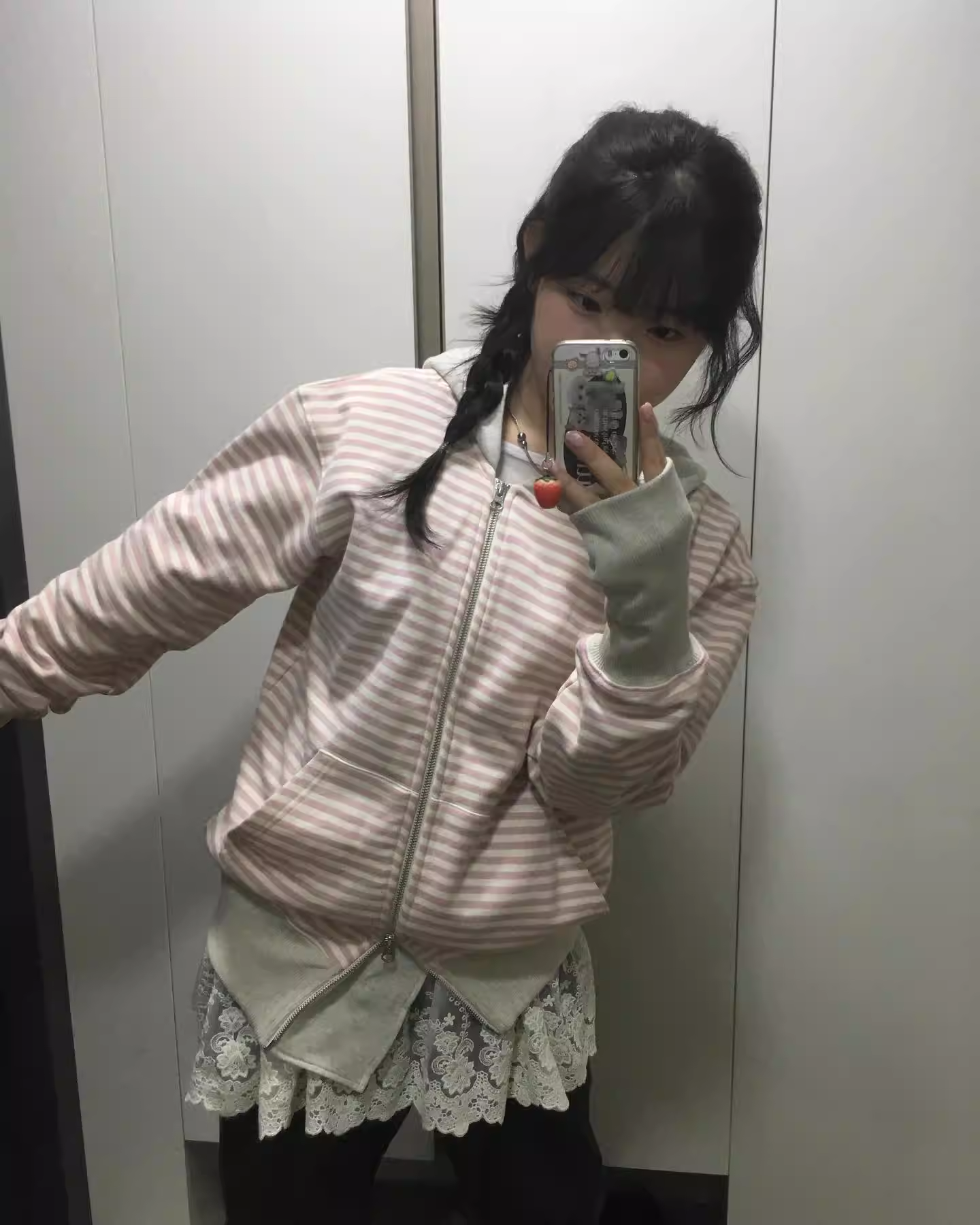 ILLIT Moka Inspired Asymmetric Zip Striped Hooded Sweatshirt Jacket