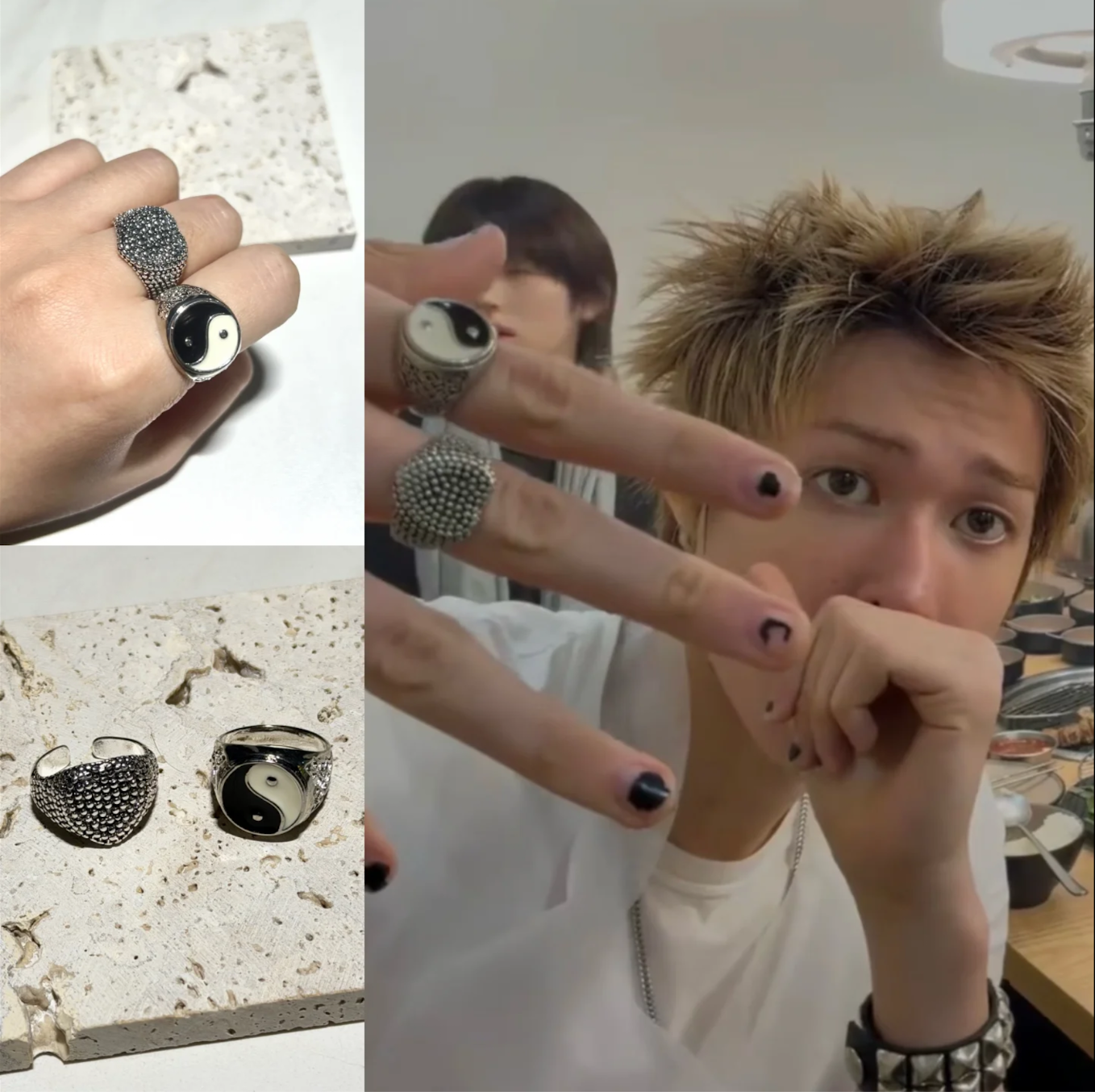 Cortis Martin 2Pcs Yin Yang & Heart Studded Vintage Punk Rings Set