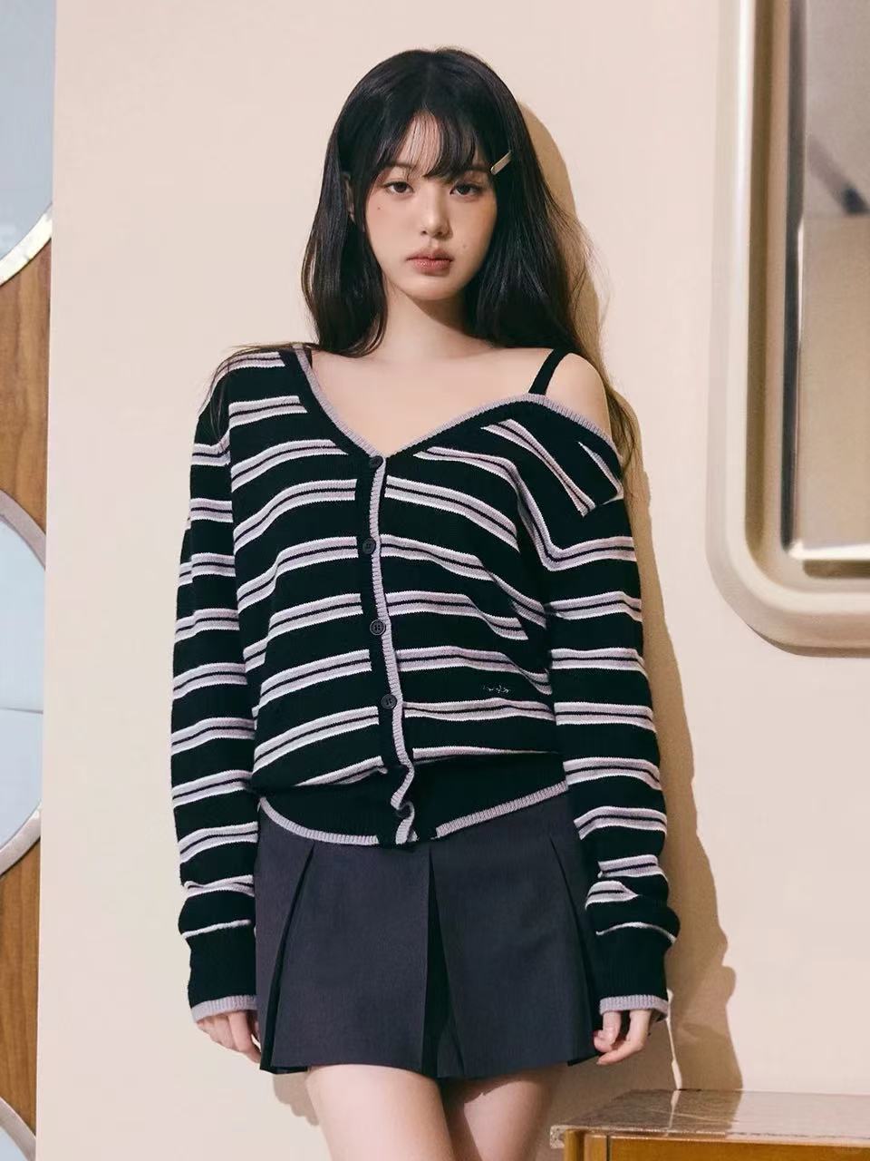 IVE Wonyoung Inspired One Off Shoulder Srtipe Cardigan