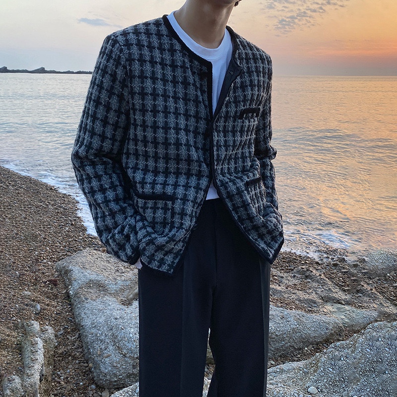 ATEEZ Seonghwa Inspired Grey Tweed Plaid Loose Jacket
