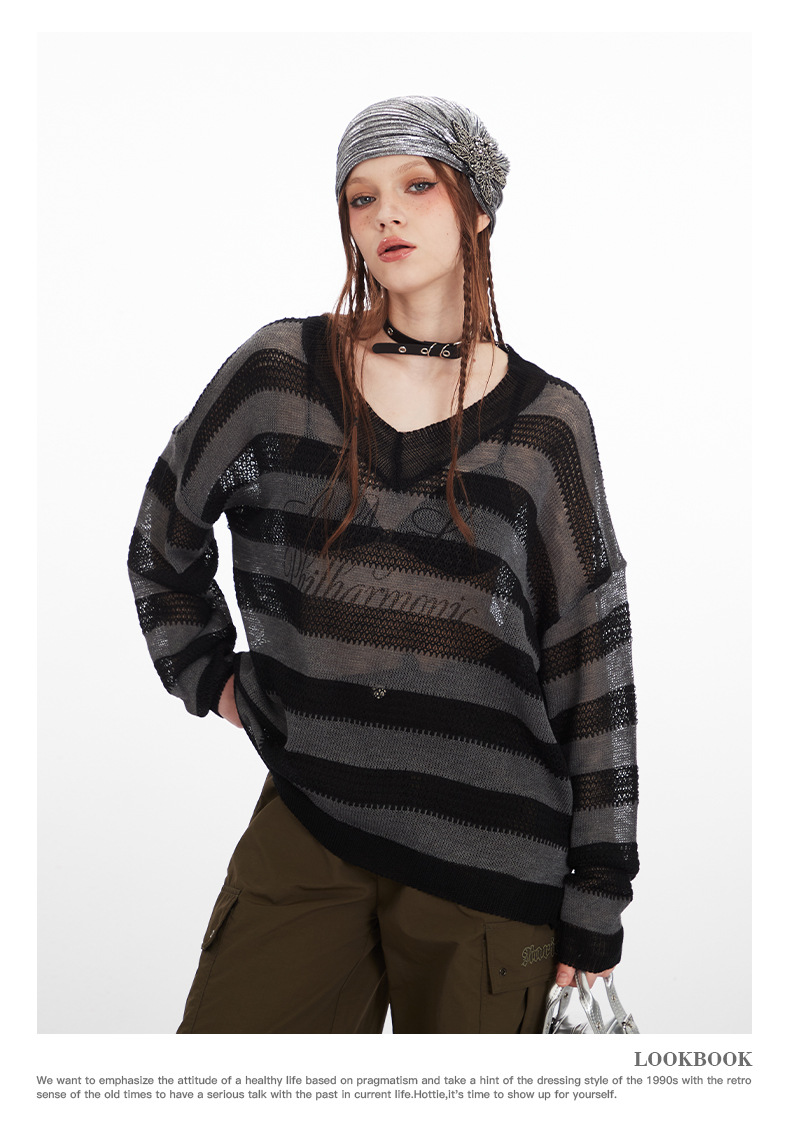 Striped V-neck lightweight long-sleeve knit sweater-Aespa Karina