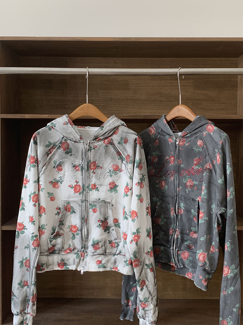 IVE Rei Inspired Rose Floral Lovely Letter Zip-Up Hoodie