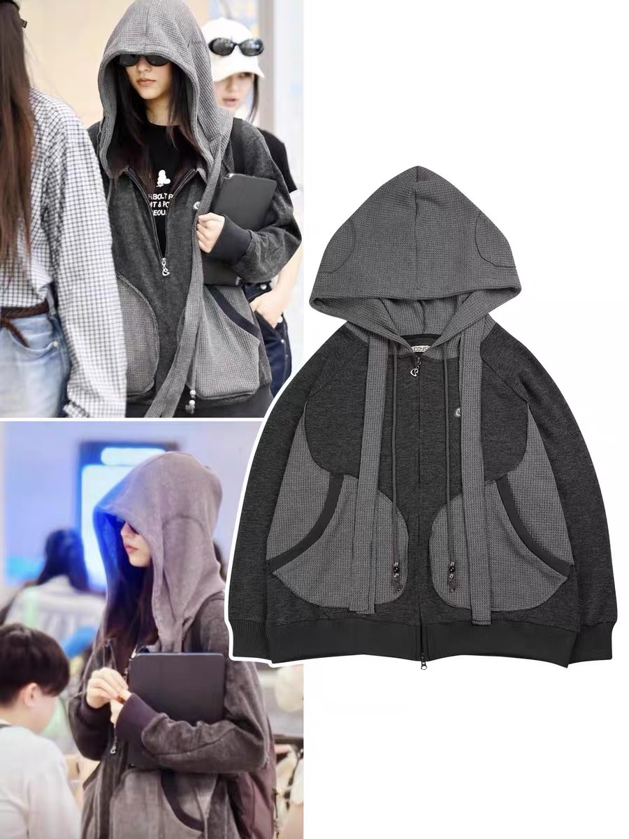 NewJeans Haerin Inspired Waffle Paneled Hooded Zip-Up Jacket