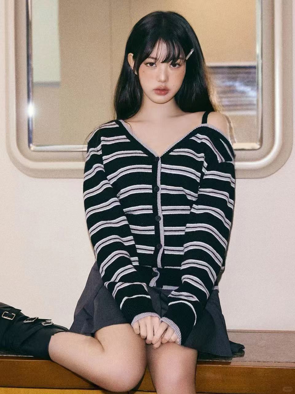 IVE Wonyoung Inspired One Off Shoulder Srtipe Cardigan