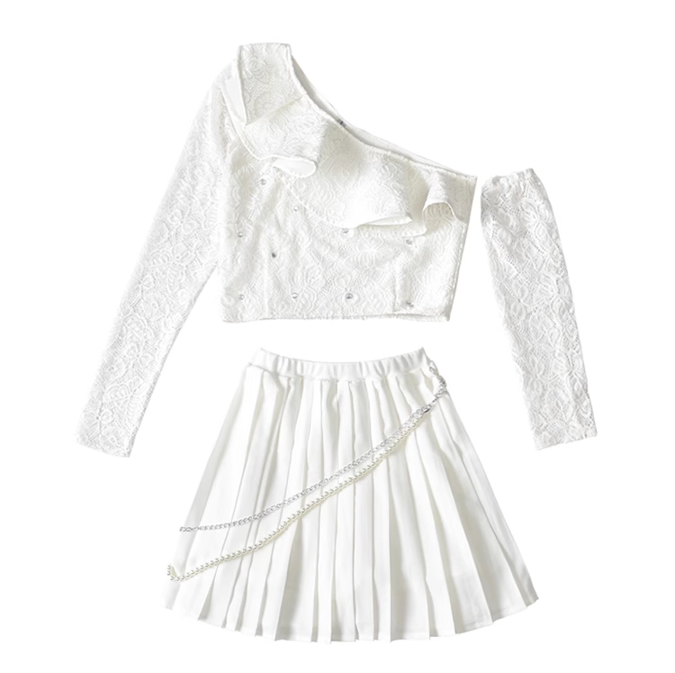 Blackpink Rose Inspired One Shoulder Lace Crop Top Pleated Skirt Set