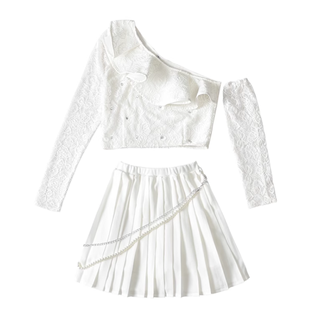 Blackpink Rose Inspired One Shoulder Lace Crop Top Pleated Skirt Set