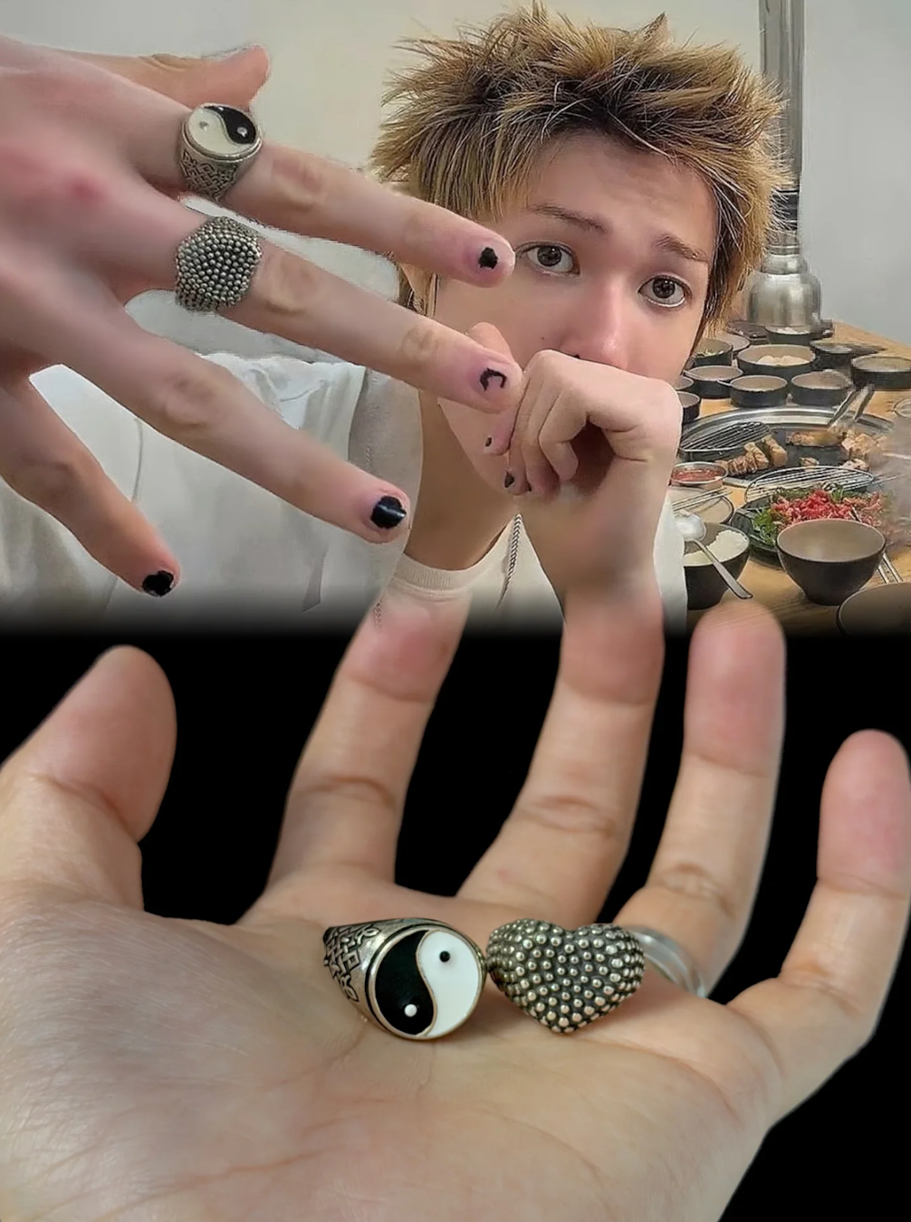 Cortis Martin 2Pcs Yin Yang & Heart Studded Vintage Punk Rings Set
