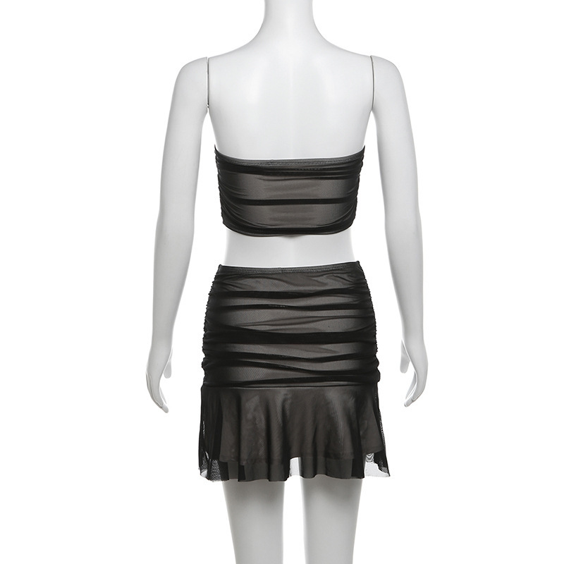 Floral Mesh Sheath Top Pleated Skirt Set-Outfitidea For Blinks BLACKPINK-Inspired Fashion