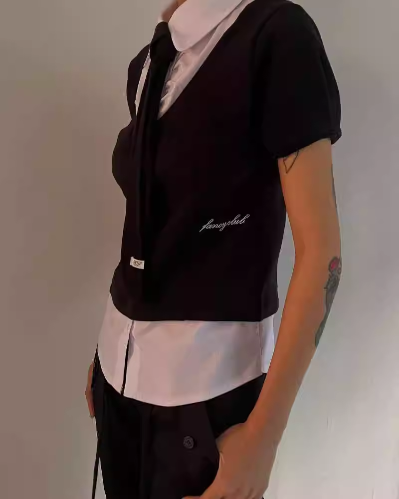 illit Minju Inspired Pseudo two-piece Top Pleated Skirt Set