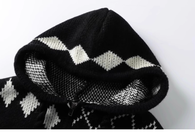 Aespa Karina Inspired Elk Rose Patterned Zip-Up Hooded Knit Coat