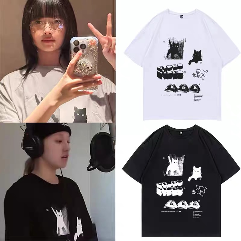 IVE Rei & (G)I-DLE Yuqi Inspired Cat-themed Illustration T-shirt