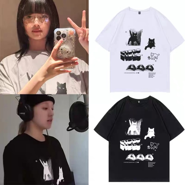 IVE Rei & (G)I-DLE Yuqi Inspired Cat-themed Illustration T-shirt