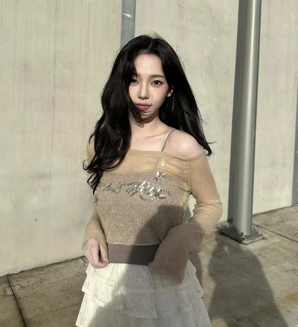 Aespa Karina Inspired One Shoulder Knit Sequins Short Blouse