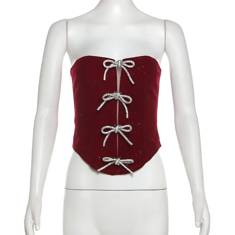 BabyMonster Ahyeon-Red Corset Bowknot Accent Top