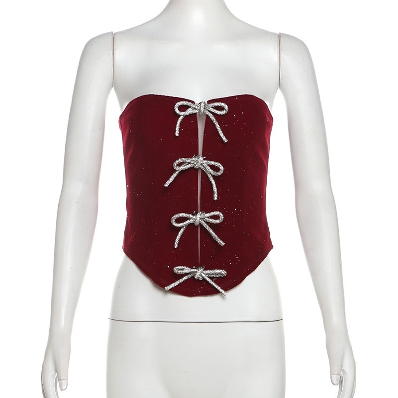 BabyMonster Ahyeon-Red Corset Bowknot Accent Top