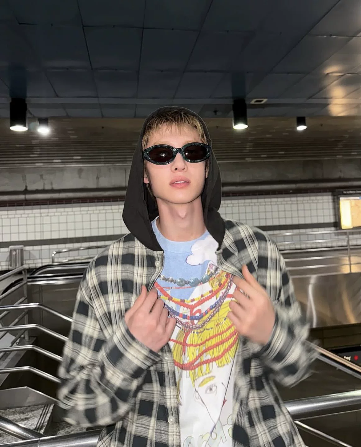 Cotris Martin Inspired Oversized Hooded Plaid Button-Down Shirt