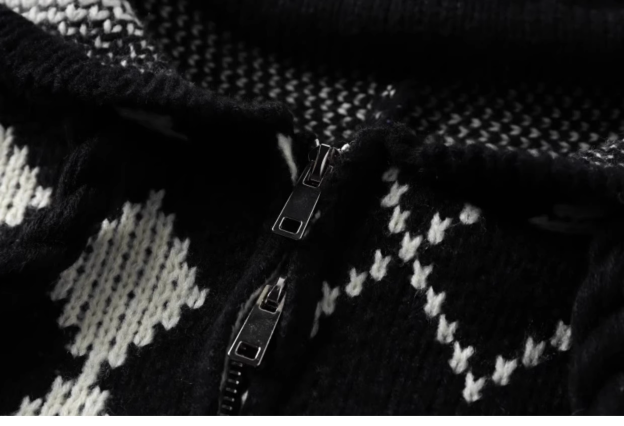 Aespa Karina Inspired Elk Rose Patterned Zip-Up Hooded Knit Coat