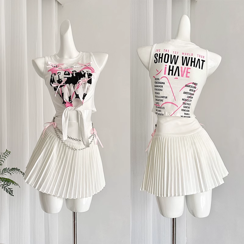 IVE WonYoung-White Vest Pleated Skirt Suit