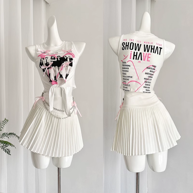 IVE WonYoung-White Vest Pleated Skirt Suit