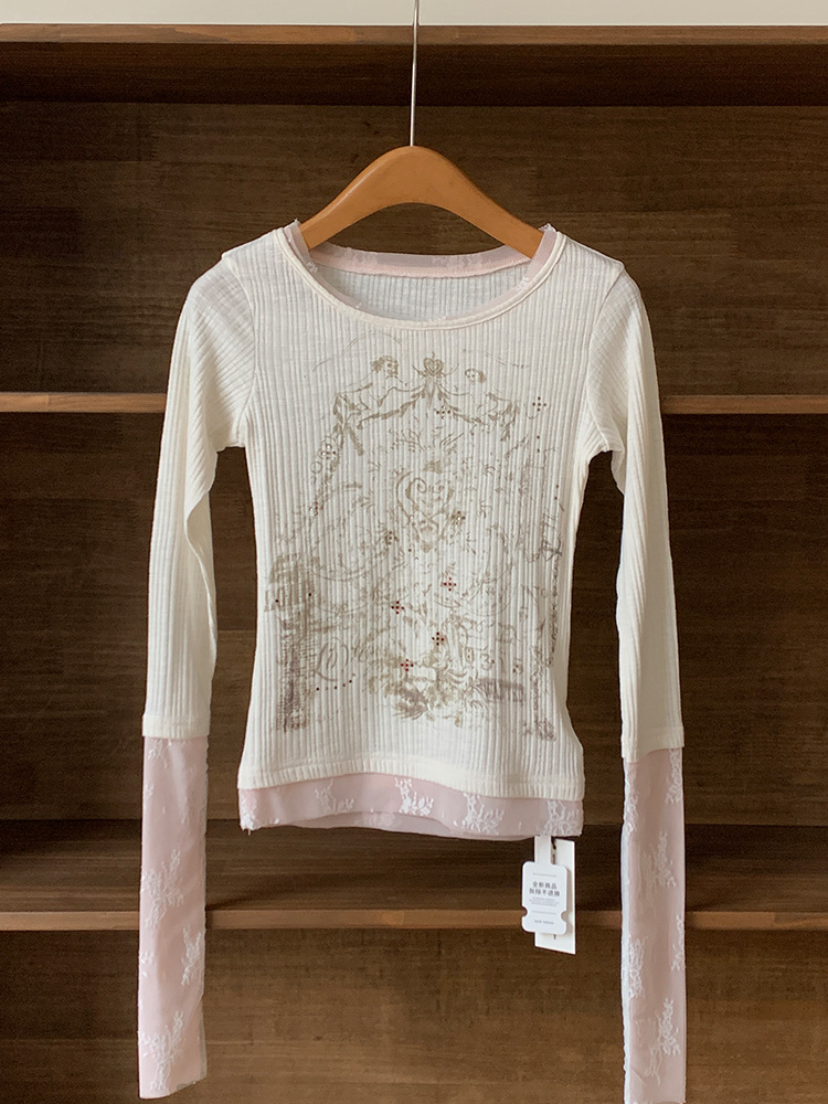 LE SSERAFIM Chaewon Inspired Lace Layered Angel Print Long Sleeve Top
