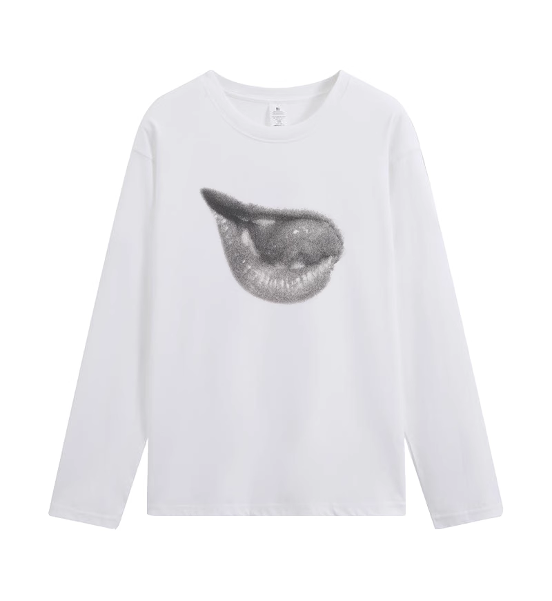 Lip Print White Long Sleeve T-Shirt-Blackpink Jennie