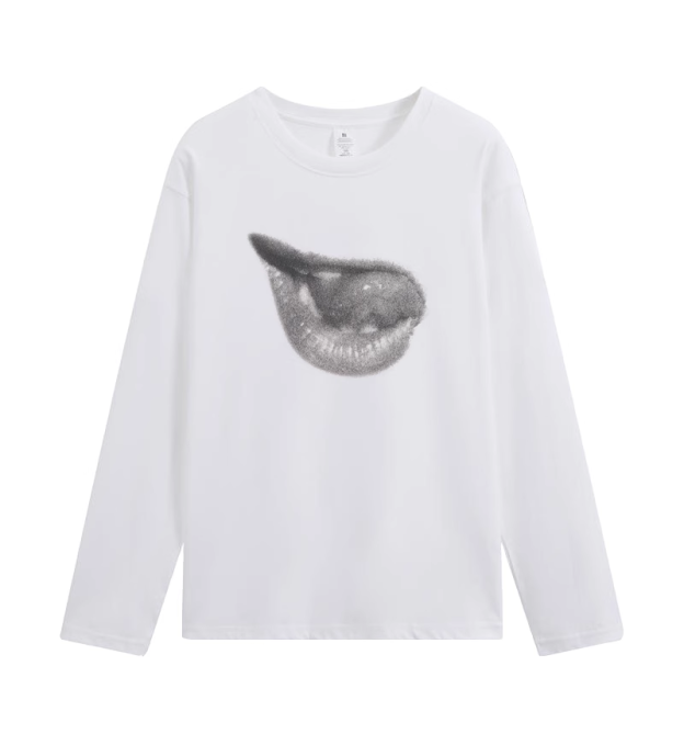 Lip Print White Long Sleeve T-Shirt-Blackpink Jennie