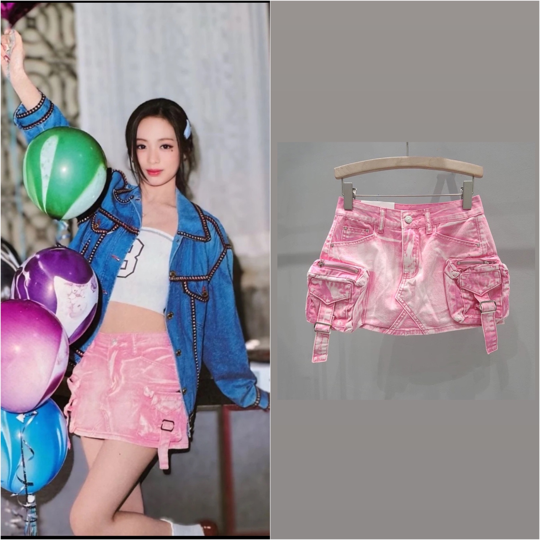 Babymonster Ahyeon Pink Utility Denim Skirt 