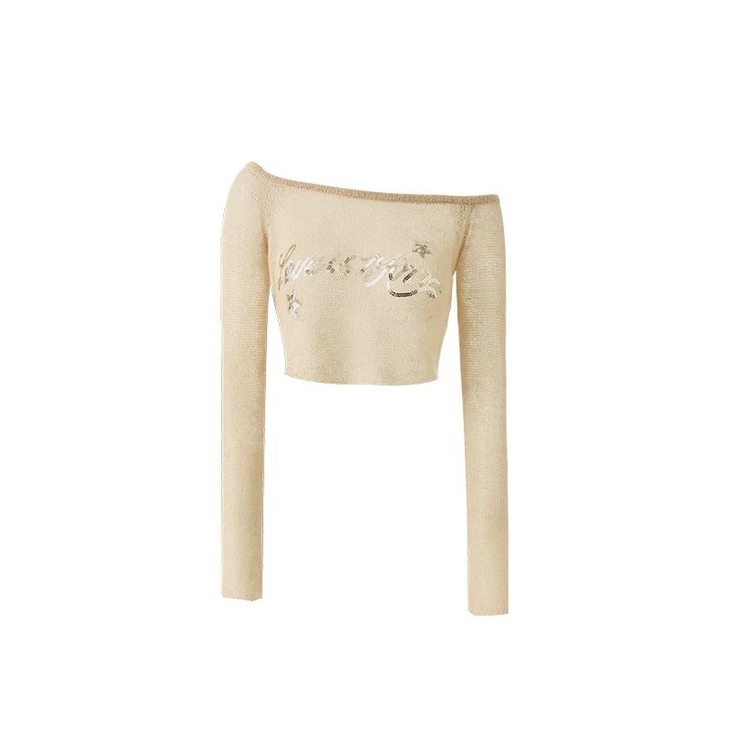 Aespa Karina Inspired One Shoulder Knit Sequins Short Blouse