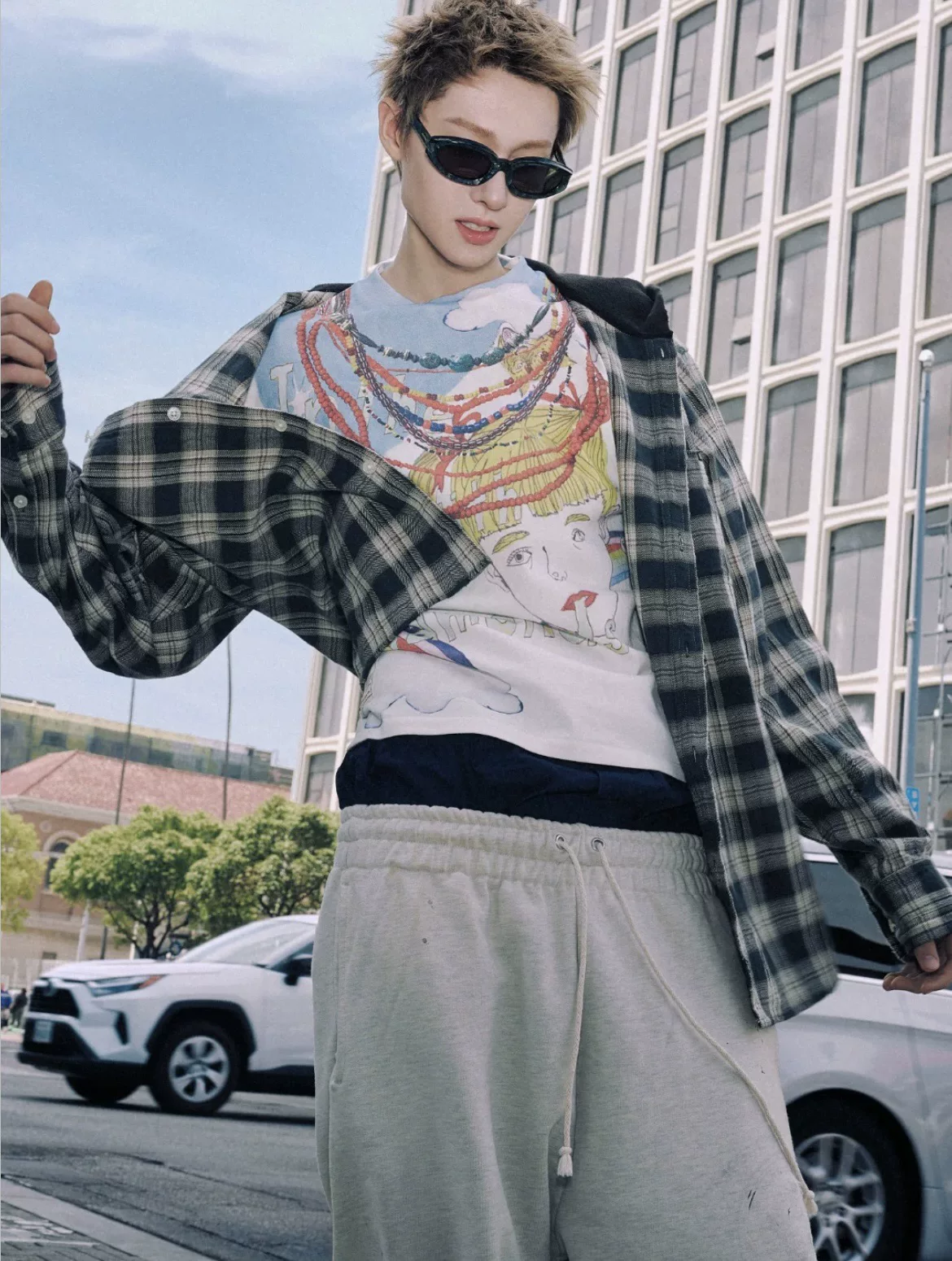Cotris Martin Inspired Oversized Hooded Plaid Button-Down Shirt