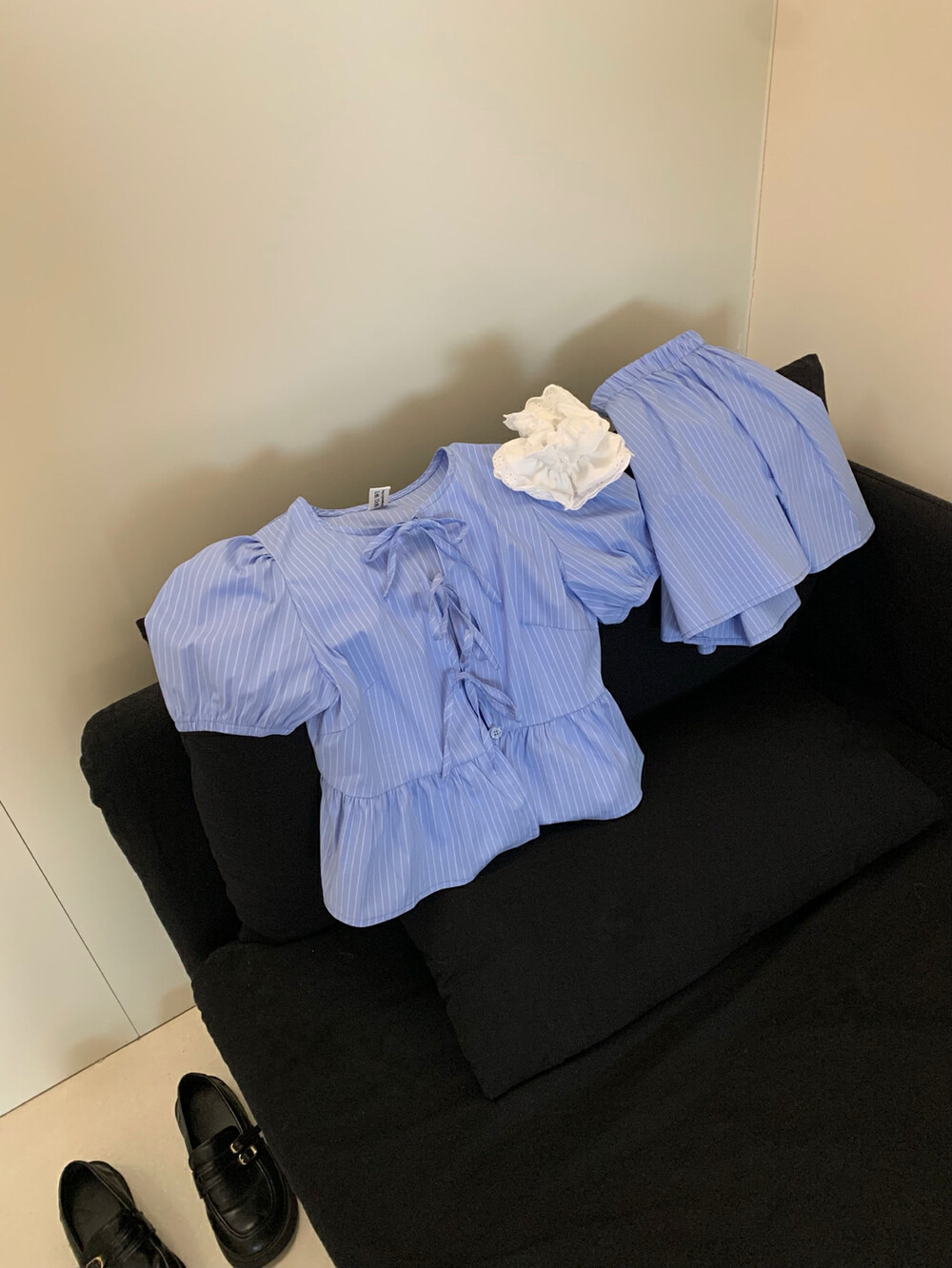 Blackpink Jennie Striped Puff Short Sleeve Top Skirt Set