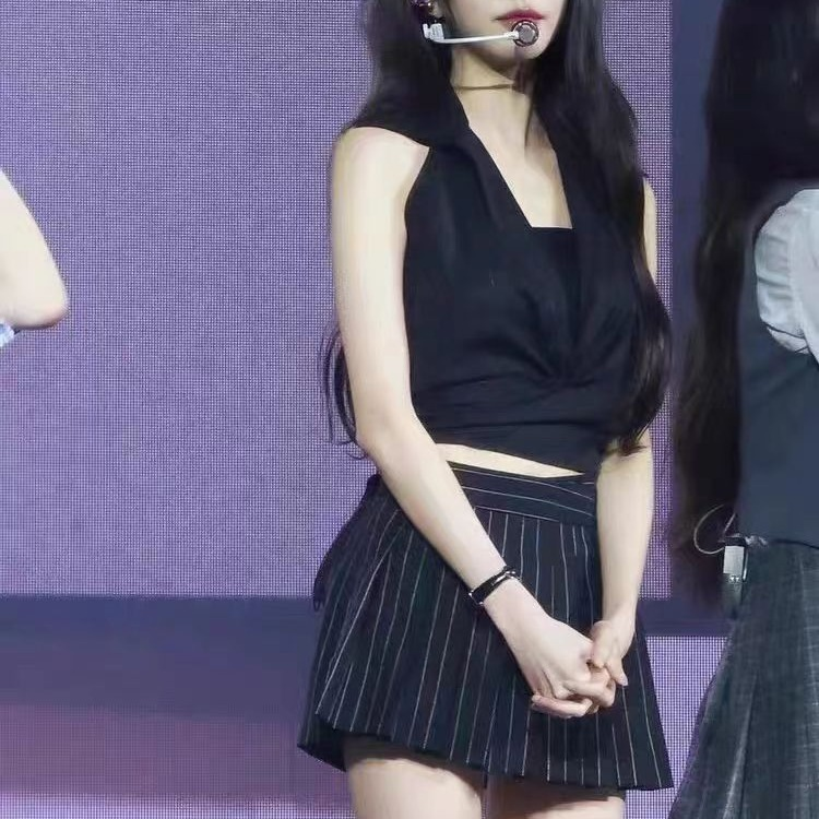 Suit Striped Lapel Hanging Neck Vest Short Skirt Set-IVE Wonyoung