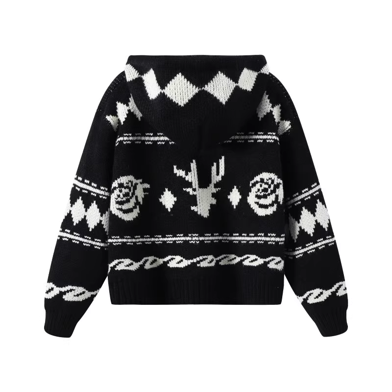 Aespa Karina Inspired Elk Rose Patterned Zip-Up Hooded Knit Coat