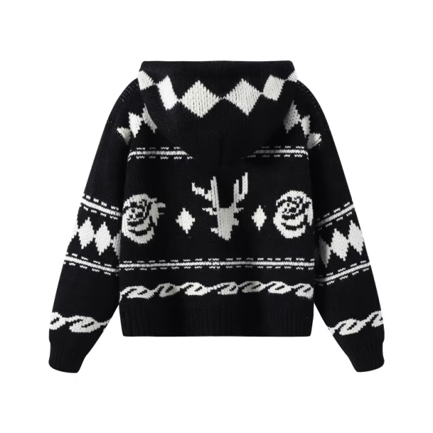 Aespa Karina Inspired Elk Rose Patterned Zip-Up Hooded Knit Coat