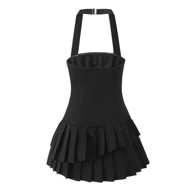 Hanging Neck Sleeveless Backless Pleated Dress-Outfitidea For Blinks BLACKPINK-Inspired Fashion