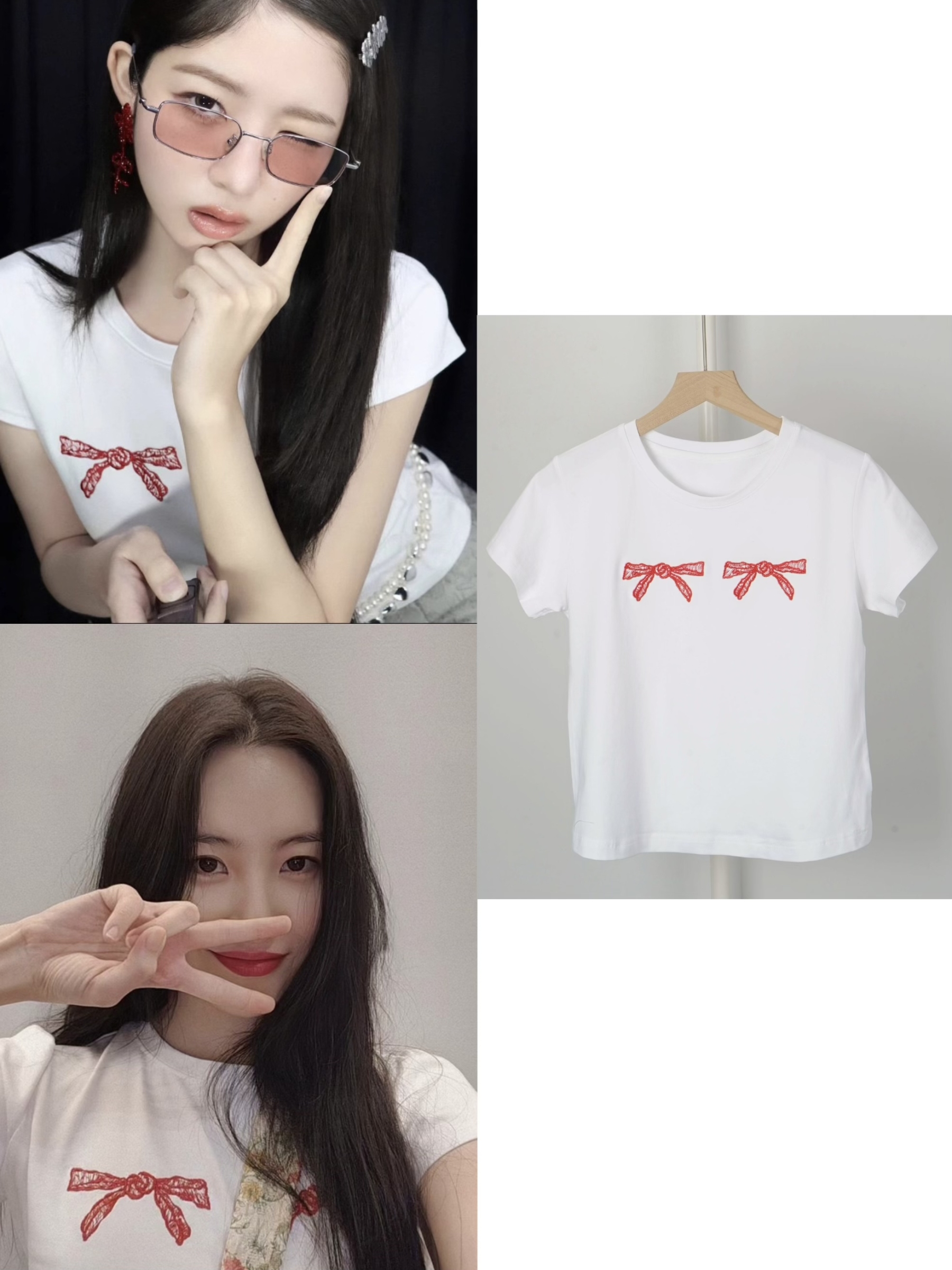 Sunmi & IVE Rei Inspired Red Bow Embroidered Tee