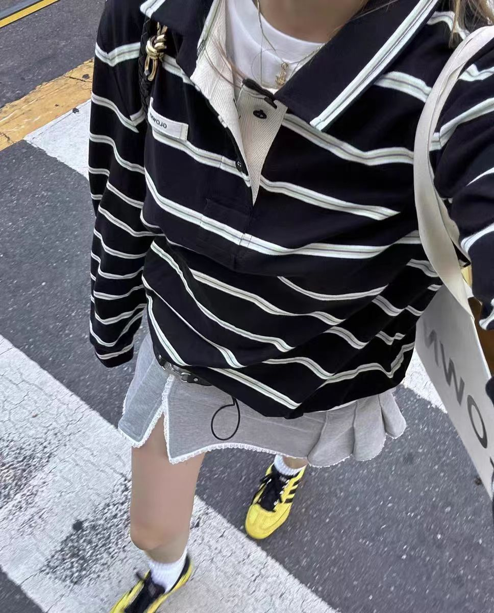 IVE Yujin&Red Velvet Joy Inspired Striped Color-Block Polo Collar Long Sleeve T-Shirt