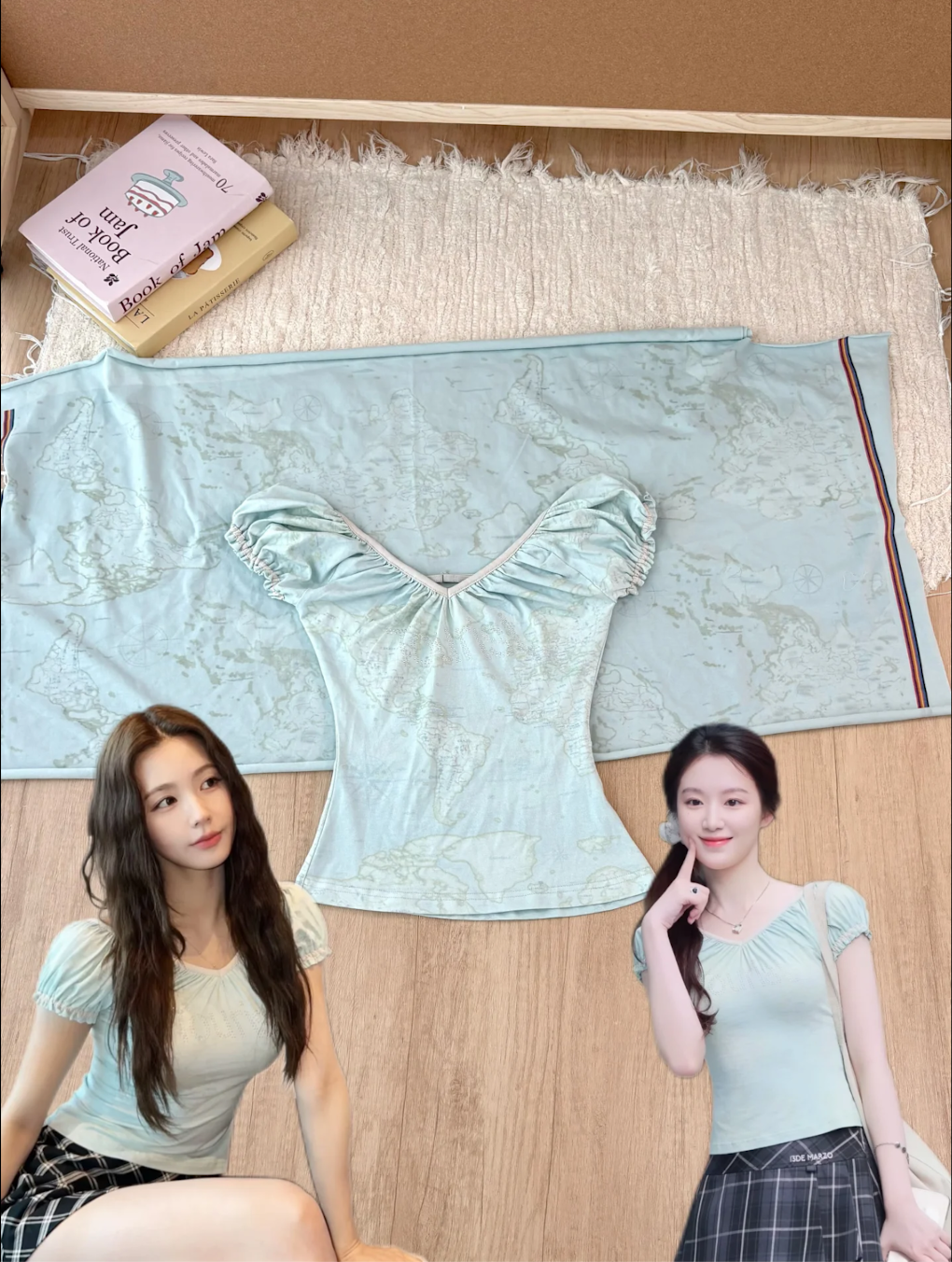 IDLE Miyeon&Shuhua Inspired Mint Map Rhinestone Open Back Puff Sleeve Tee