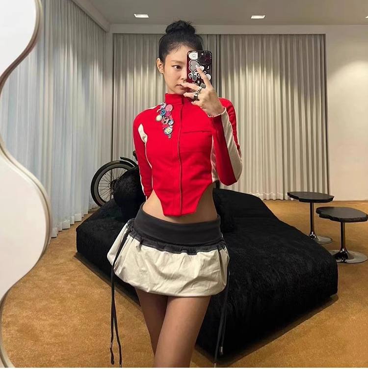 Colorblcoked Zipper Jacket Mini Skirt Set-Blackpink Jennie
